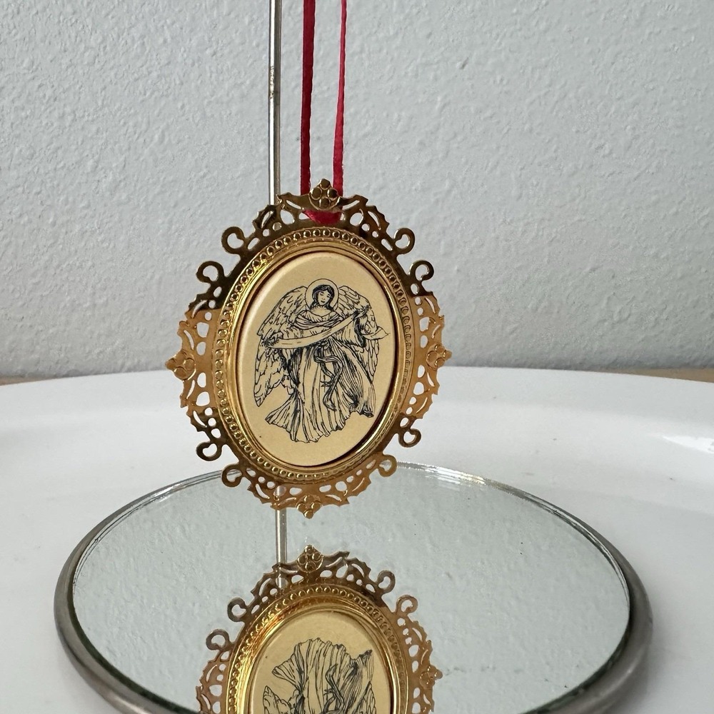 Vintage‎ BARLOW Brass Christmas Ornament Guardian Angel Oval Filigree